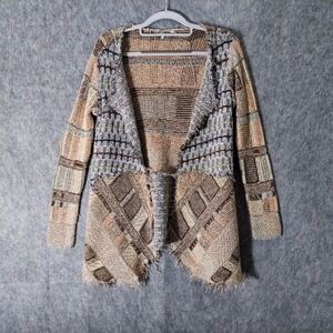 BKE Women Cardigan Xs Open Front Patchwork Frayed Lagenlook Boho Bohemian Casual